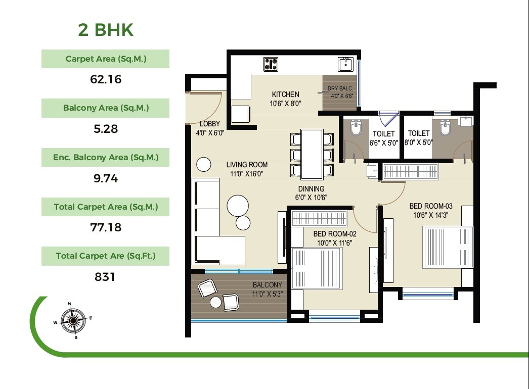 Floor plan of 2 BHK 831 Sq. Ft. Apartment in Gaikwad Nirvanas, Pune