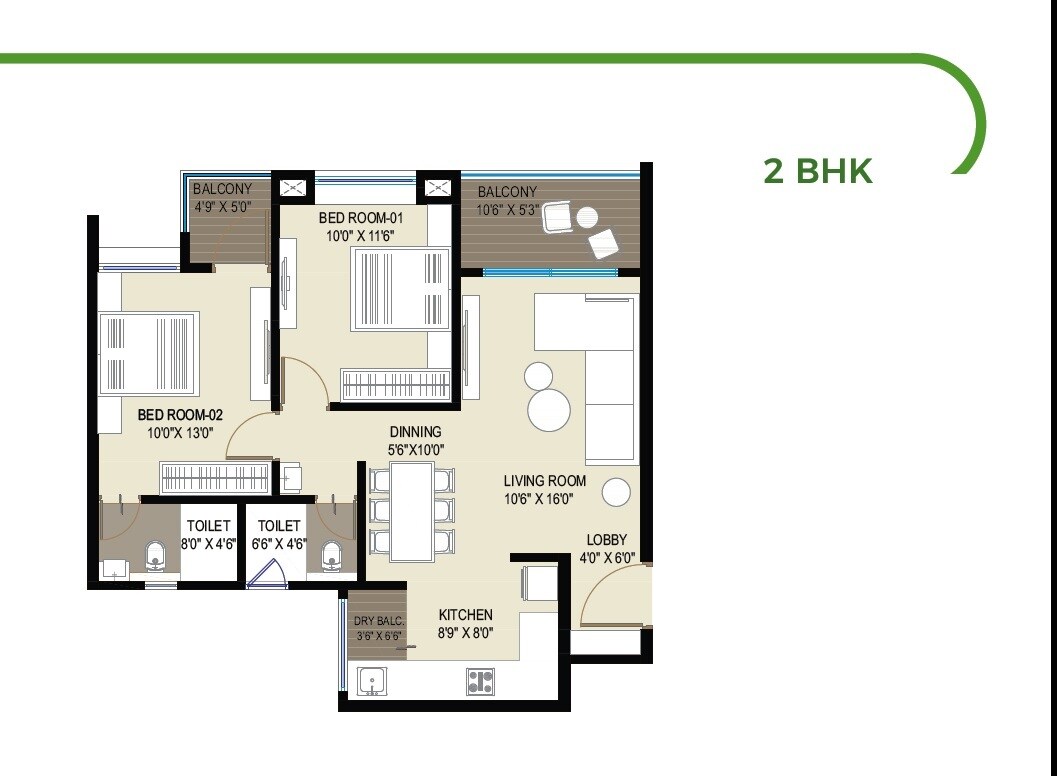 Floor plan of 2 BHK 772 Sq. Ft. Apartment in Gaikwad Nirvanas, Pune