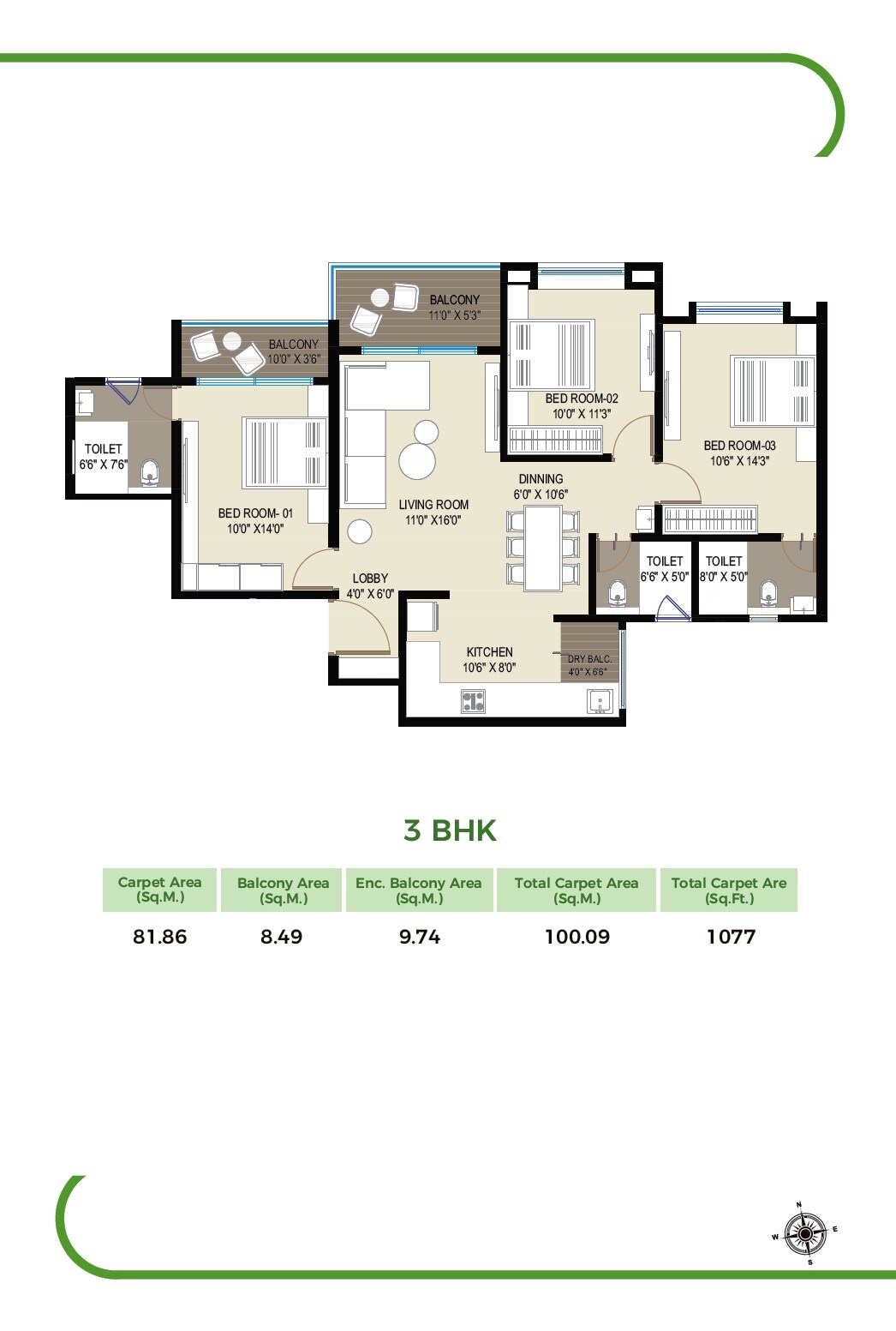 Floor plan of 3 BHK 1077 Sq. Ft. Apartment in Gaikwad Nirvanas, Pune