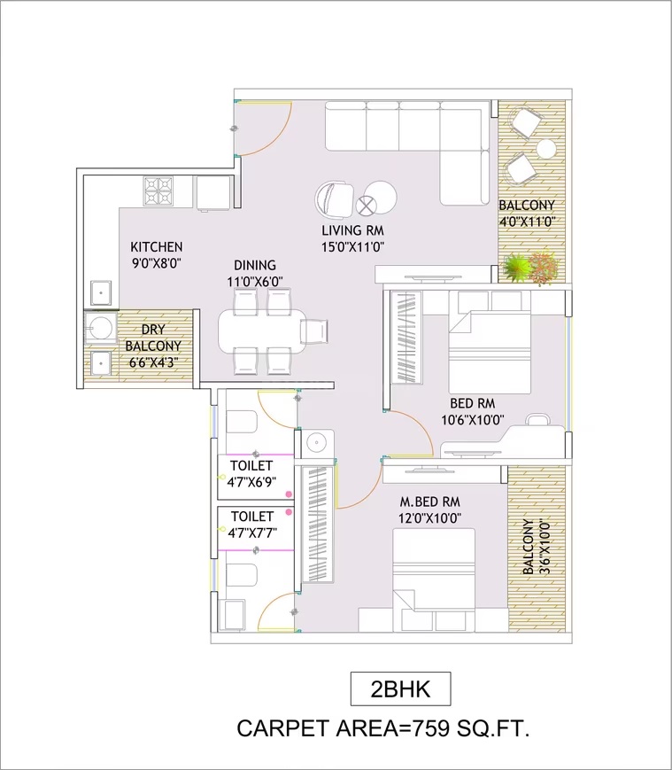 2 BHK 759 Sq. Ft. Apartment in Gaikwad Royal Park