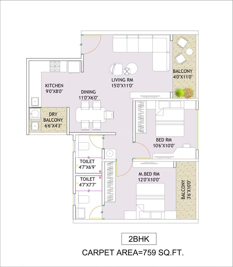 Floor plan of 2 BHK 759 Sq. Ft. Apartment in Gaikwad Royal Park, Pune
