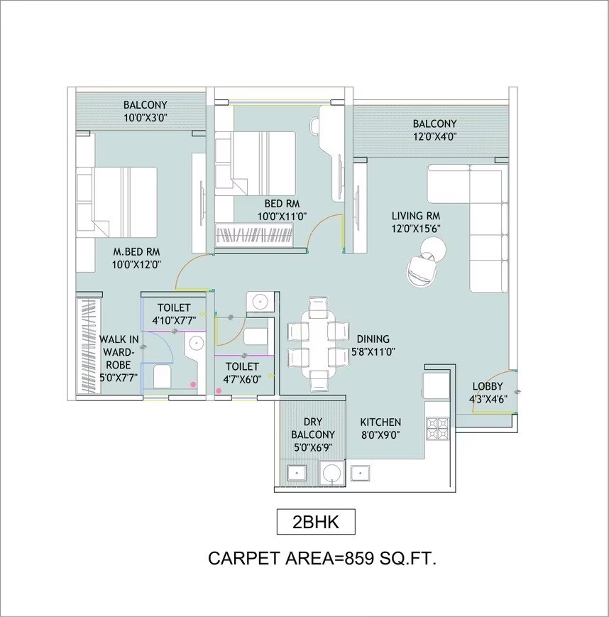 Floor plan of 2 BHK 859 Sq. Ft. Apartment in Gaikwad Royal Park, Pune