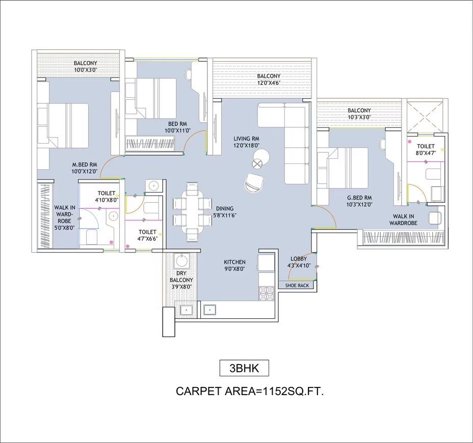 Floor plan of 3 BHK 1152 Sq. Ft. Apartment in Gaikwad Royal Park, Pune