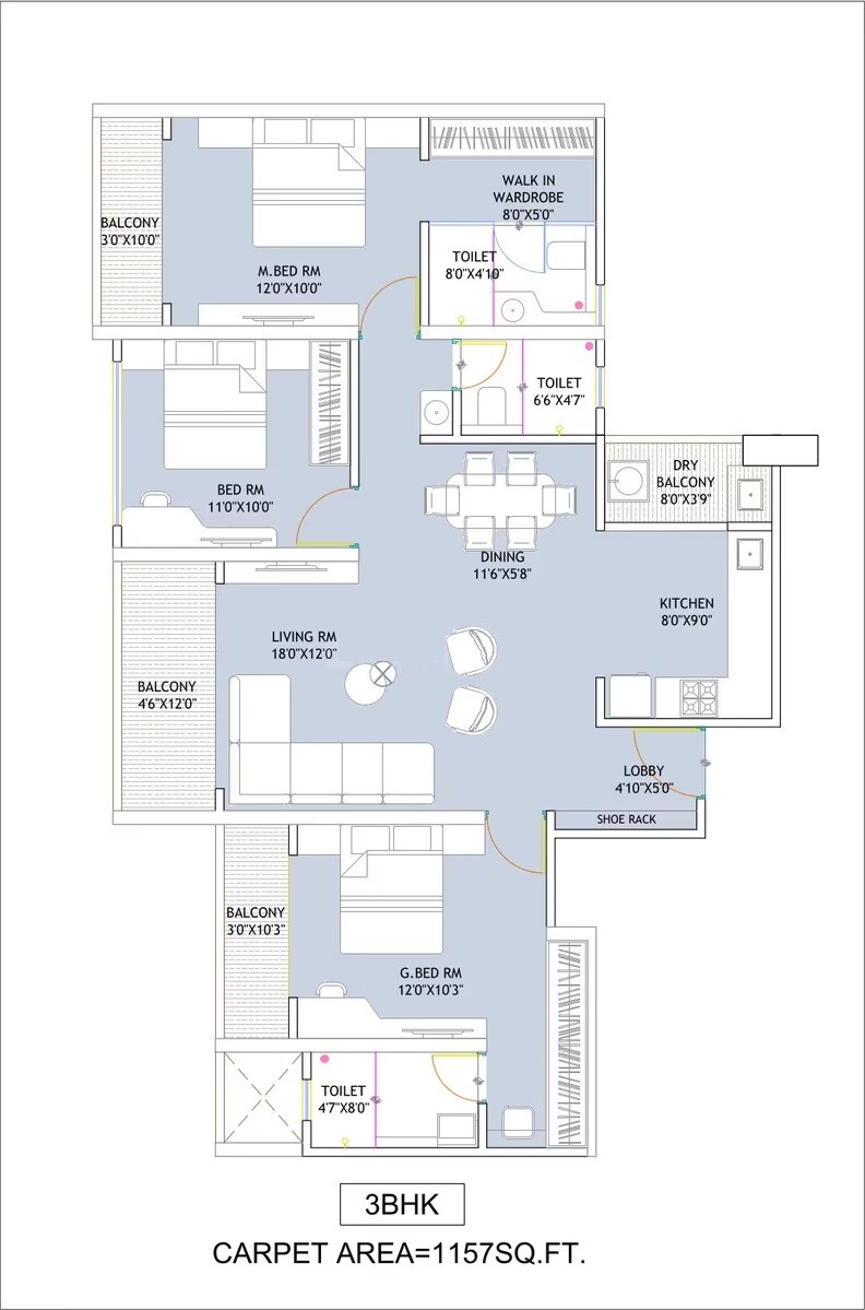 Floor plan of 3 BHK 1157 Sq. Ft. Apartment in Gaikwad Royal Park, Pune