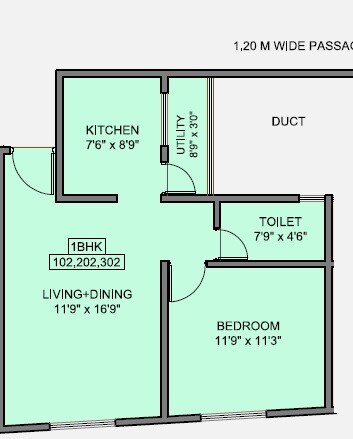 Floor plan of 1 BHK 634 Sq. Ft. Apartment in Gaikwad Vaidehi Saaket, Pune