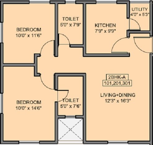Floor plan of 2 BHK 912 Sq. Ft. Apartment in Gaikwad Vaidehi Saaket, Pune