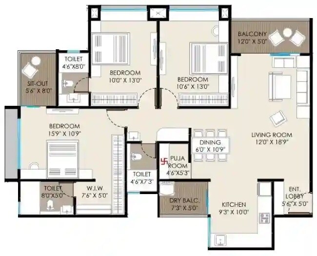 Floor plan of 3 BHK 1275 Sq. Ft. Apartment in Gajlakshmi Geo Aristo, Pune