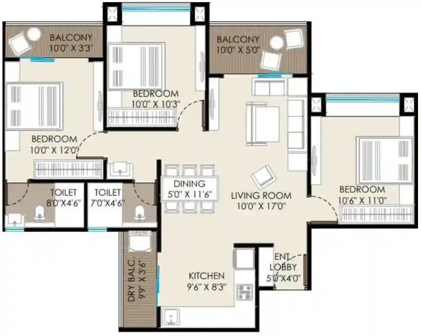 Floor plan of 3 BHK 927 Sq. Ft. Apartment in Gajlakshmi Geo Aristo, Pune