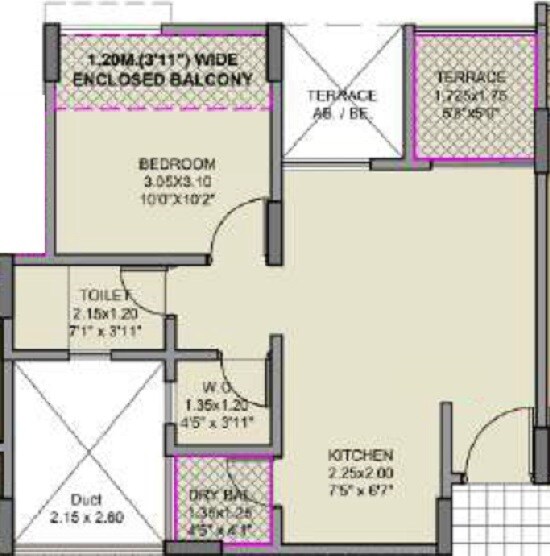 Floor plan of 1 BHK 318 Sq. Ft. Apartment in Galaxy Aangan, Pune