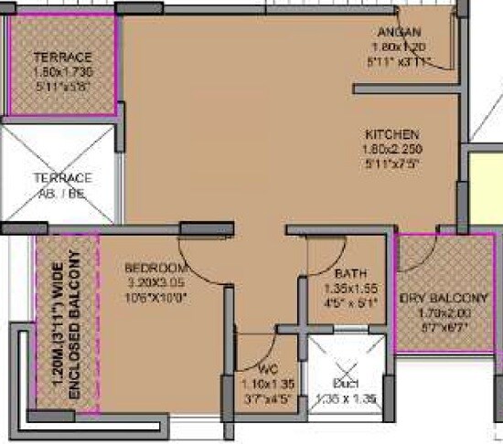 Floor plan of 1 BHK 385 Sq. Ft. Apartment in Galaxy Aangan, Pune