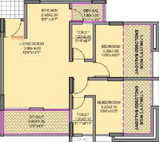 Floor plan of 2 BHK 563 Sq. Ft. Apartment in Galaxy Aangan, Pune