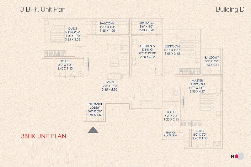 Floor plan of 3 BHK 1077 Sq. Ft. Apartment in Galaxy Orizzonte, Pune