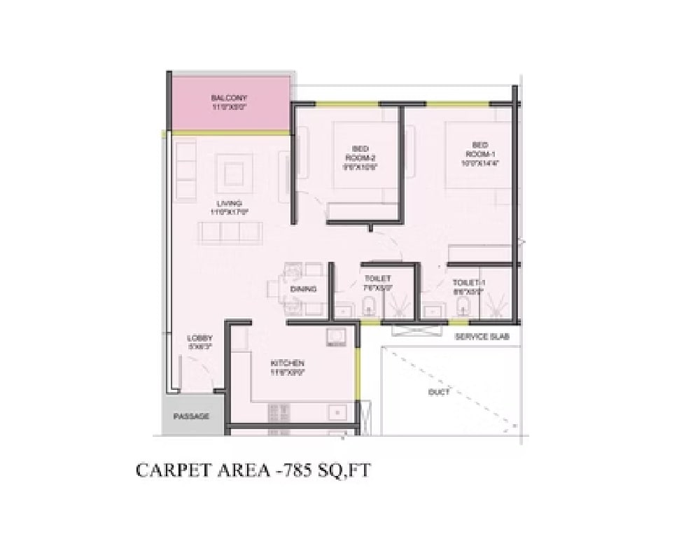 Floor plan of 2 BHK 785 Sq. Ft. Apartment in Gandharv Gokulam, Pune