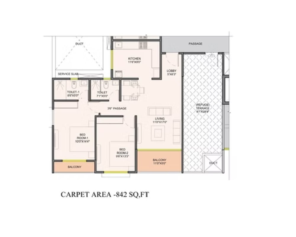Floor plan of 2 BHK 842 Sq. Ft. Apartment in Gandharv Gokulam, Pune