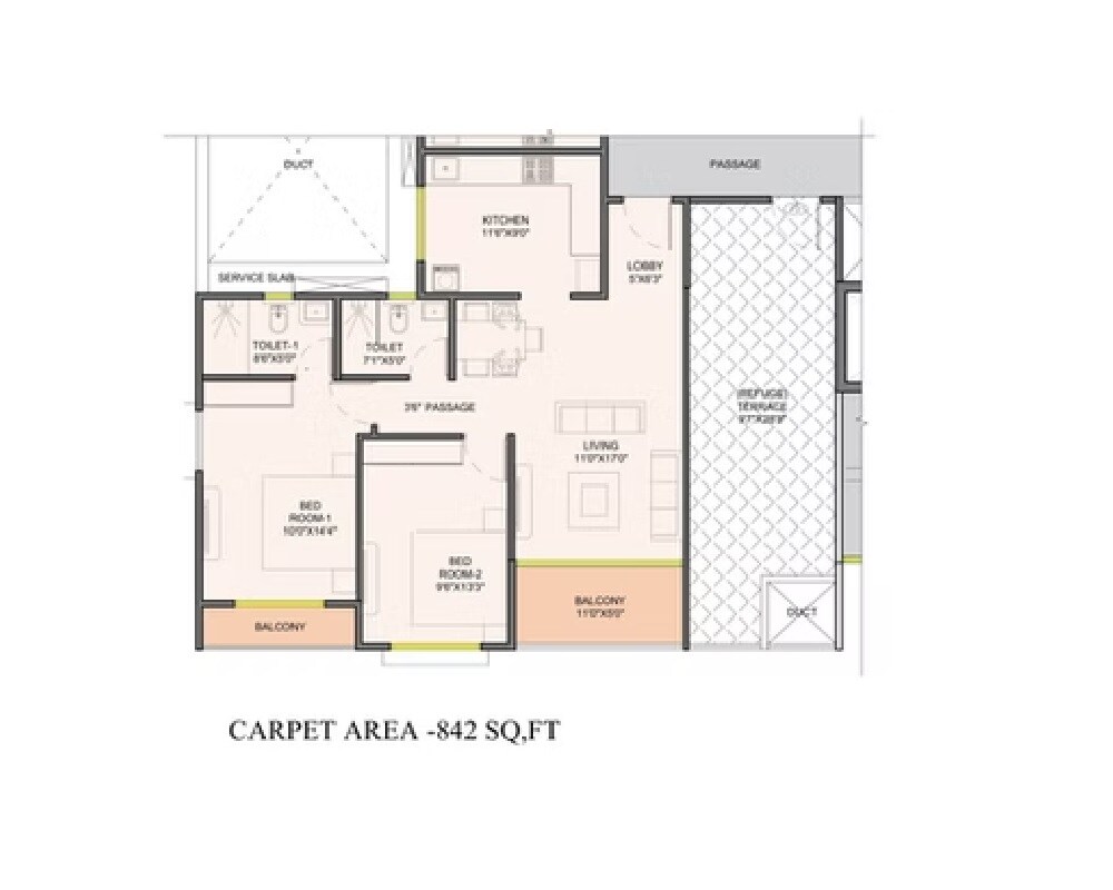 2 BHK 842 Sq. Ft. Apartment