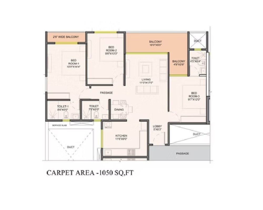 3 BHK 1050 Sq. Ft. Apartment