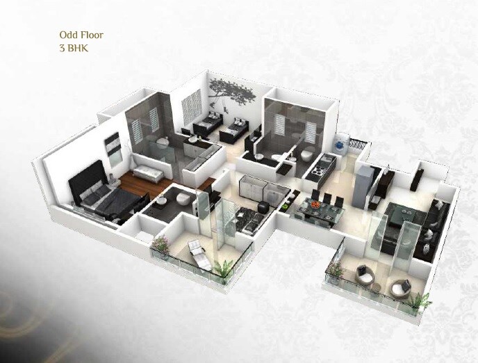 Floor plan of 3 BHK 1103 Sq. Ft. Apartment in Ganga Bhagyoday Phase II, Pune