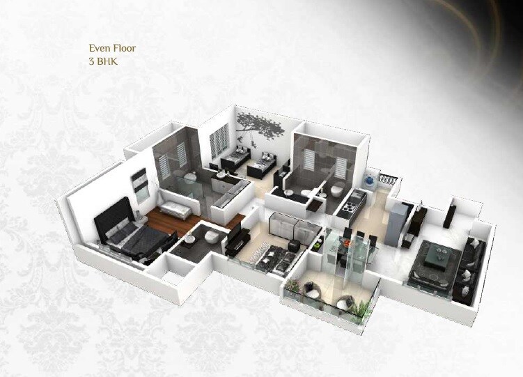 Floor plan of 3 BHK 1221 Sq. Ft. Apartment in Ganga Bhagyoday Phase II, Pune