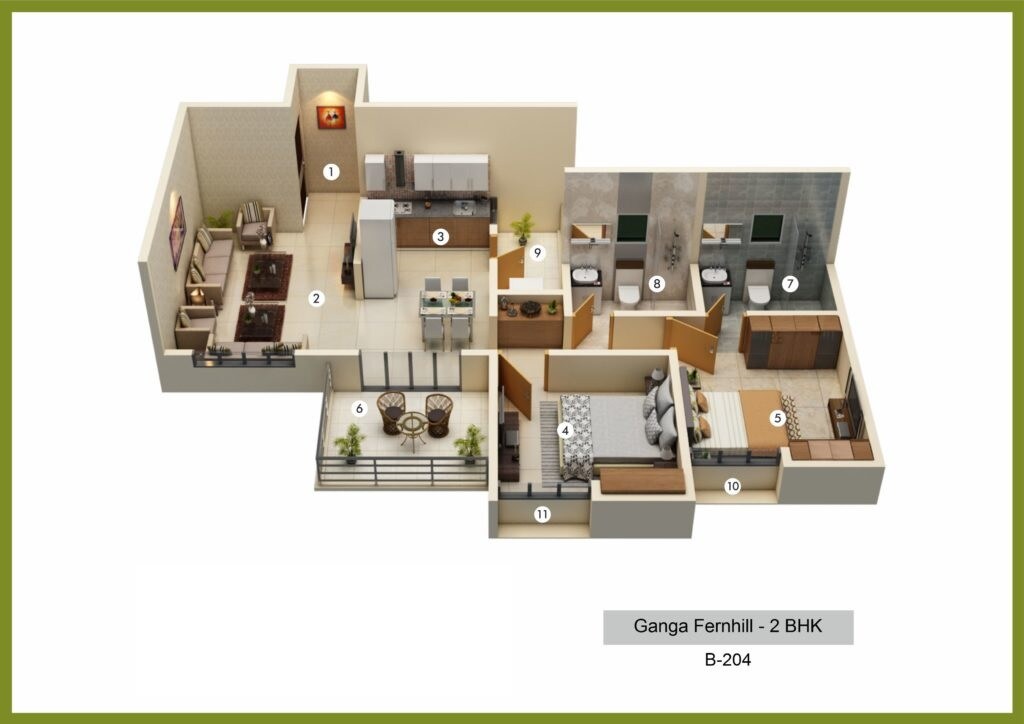 Floor plan of 2 BHK 458 Sq. Ft. Apartment in Ganga Fernhill, Pune