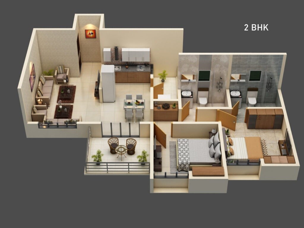Floor plan of 2 BHK 632 Sq. Ft. Apartment in Ganga Fernhill, Pune
