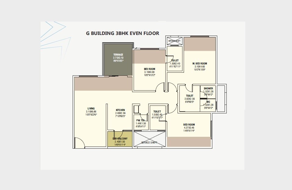 Floor plan of 3 BHK Apartment - 970 sq. ft. in Ganga Glitz Shine, Pune