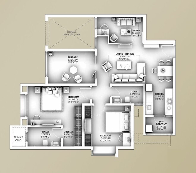 Floor plan of 2 BHK 824 Sq. Ft. Apartment in Ganga Legend, Pune