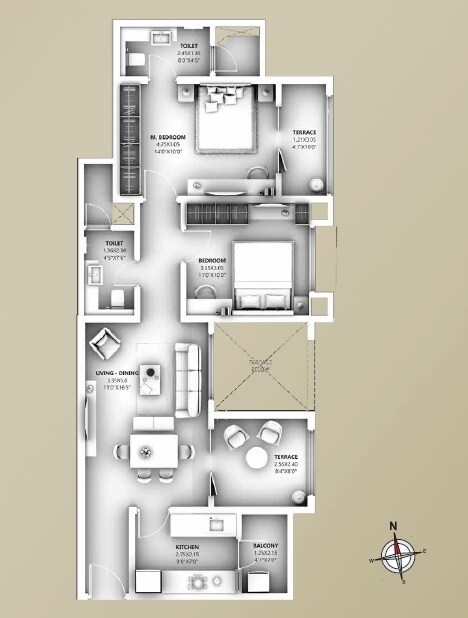 Floor plan of 2 BHK 840 Sq. Ft. Apartment in Ganga Legend, Pune