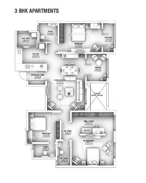 Floor plan of 3 BHK 1440 Sq. Ft. Apartment in Ganga Legend, Pune