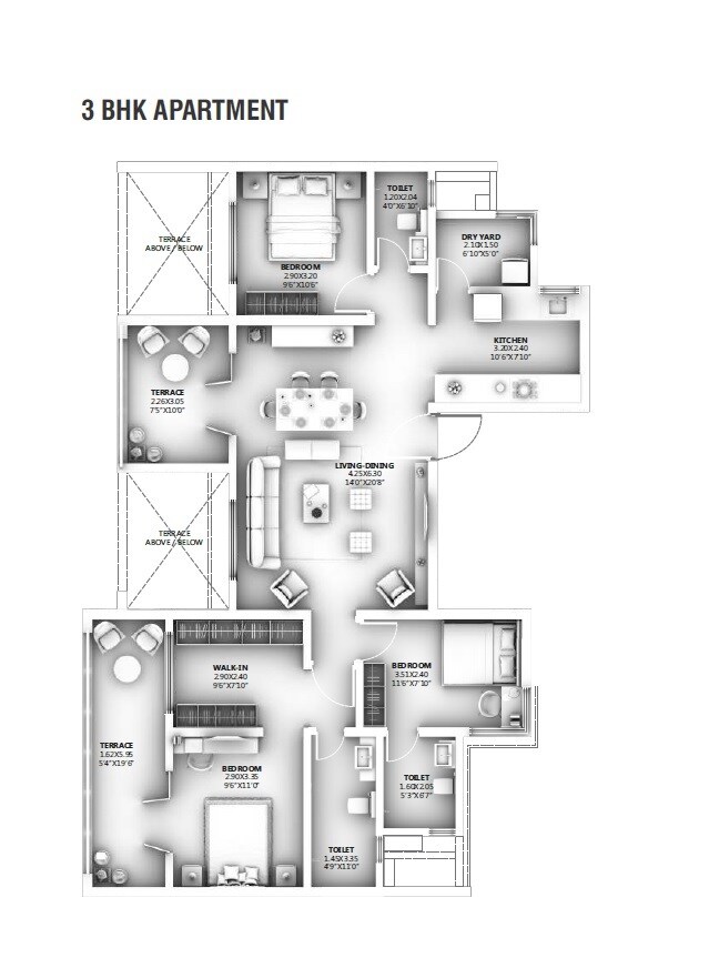 Floor plan of 3 BHK 972 Sq. Ft. Apartment in Ganga Legend, Pune
