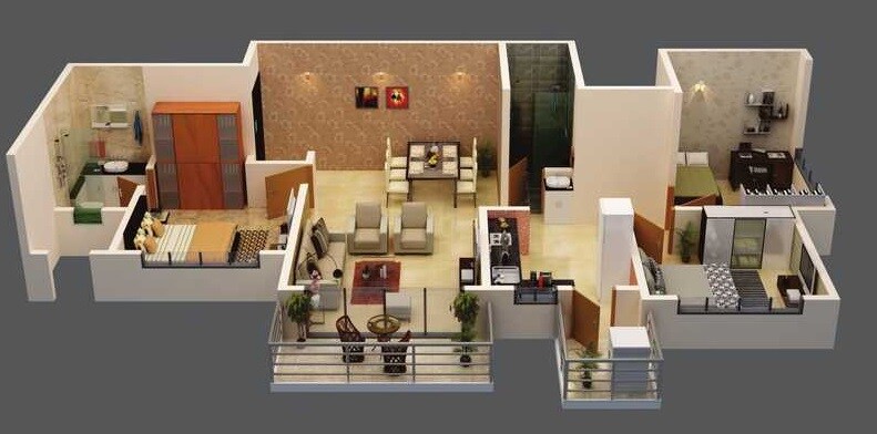 Floor plan of 2 BHK Apartment - 986 sq. ft. in Ganga New town, Pune