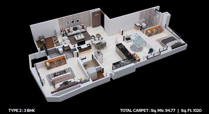 Floor plan of 3 BHK 1020 Sq. Ft. Apartment in Gangotree Chandrahas, Pune
