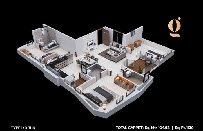 Floor plan of 3 BHK 1130 Sq. Ft. Apartment in Gangotree Chandrahas, Pune