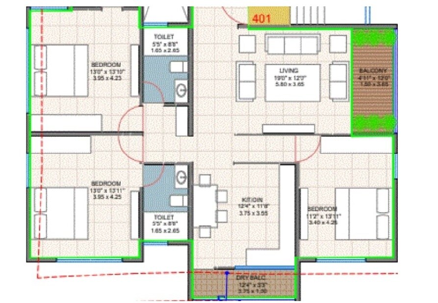 Floor plan of 3 BHK 1178 Sq. Ft. Apartment in Gangotree Kshitij 15, Pune