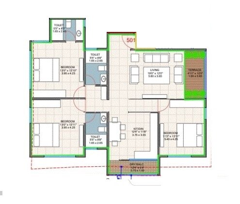 Floor plan of 3 BHK 1281 Sq. Ft. Apartment in Gangotree Kshitij 15, Pune