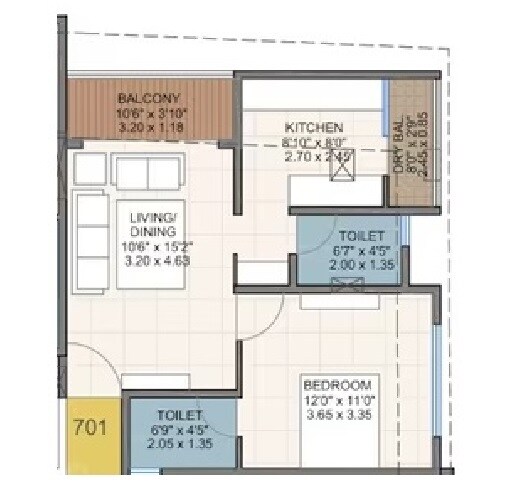 Floor plan of 1 BHK 530 Sq. Ft. Apartment in Gangotree Manisha Park, Pune