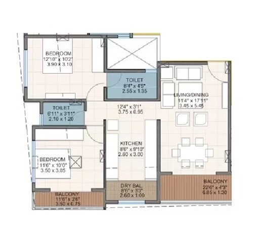 Floor plan of 2 BHK 752 Sq. Ft. Apartment in Gangotree Manisha Park, Pune