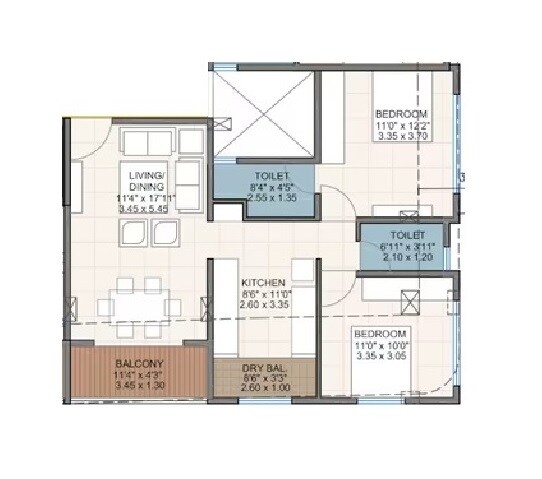 Floor plan of 2 BHK 827 Sq. Ft. Apartment in Gangotree Manisha Park, Pune