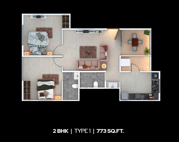 Floor plan of 2 BHK 773 Sq. Ft. Apartment in Gangotree Prajakta, Pune