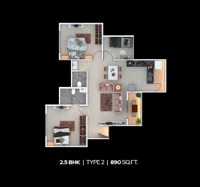 Floor plan of 2 BHK 890 Sq. Ft. Apartment in Gangotree Prajakta, Pune