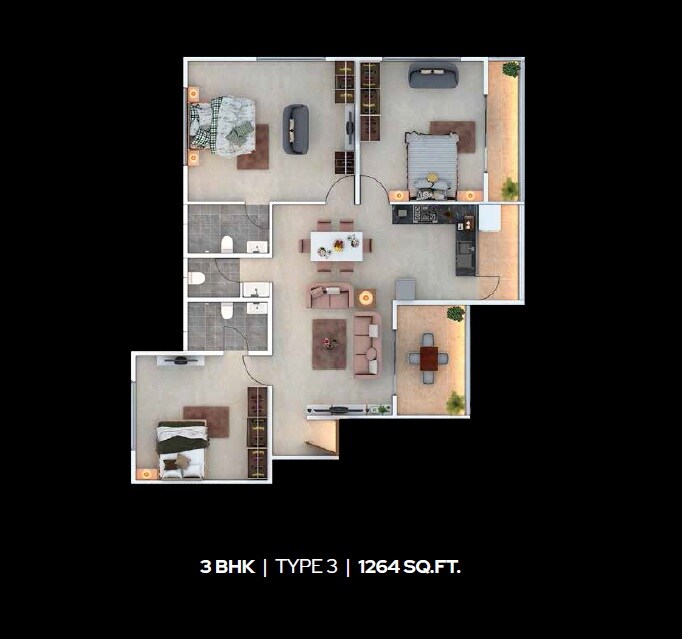Floor plan of 3 BHK 1264 Sq. Ft. Apartment in Gangotree Prajakta, Pune