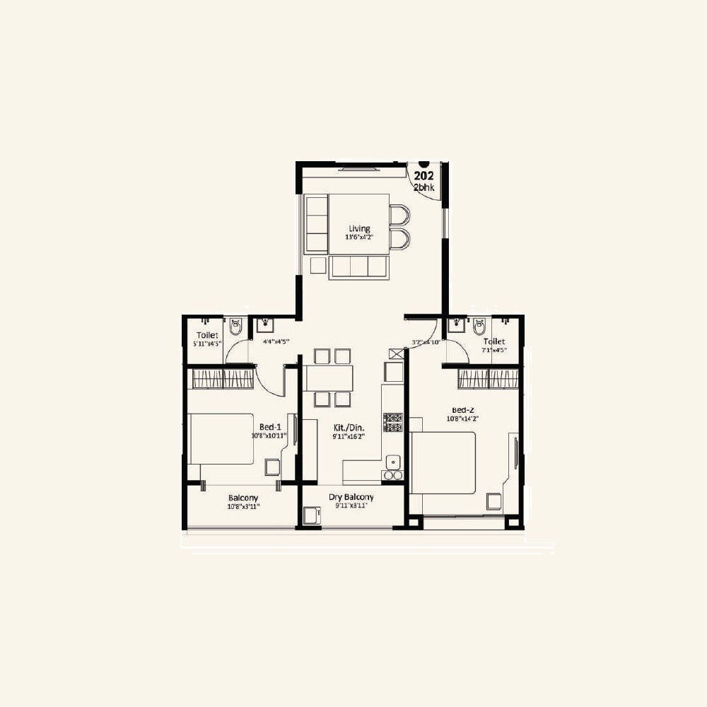 2 BHK 831 Sq. Ft. Apartment