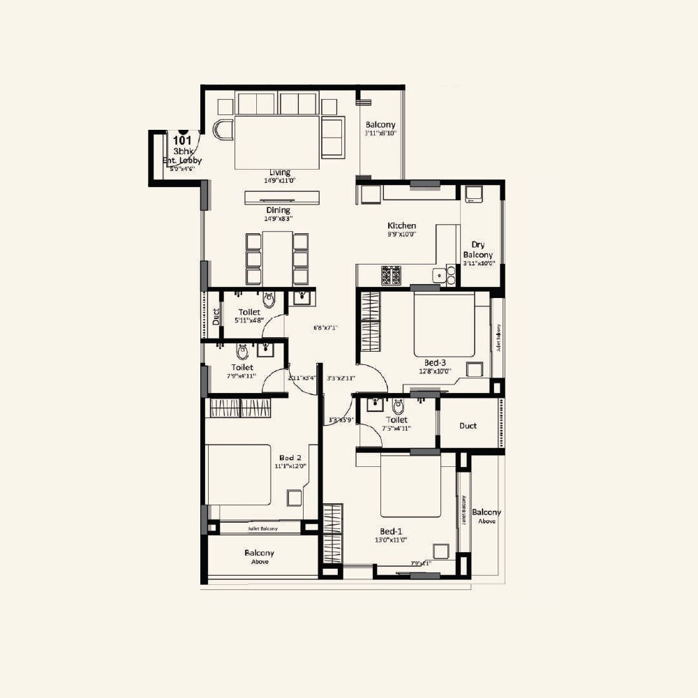 3 BHK 1127 Sq. Ft. Apartment
