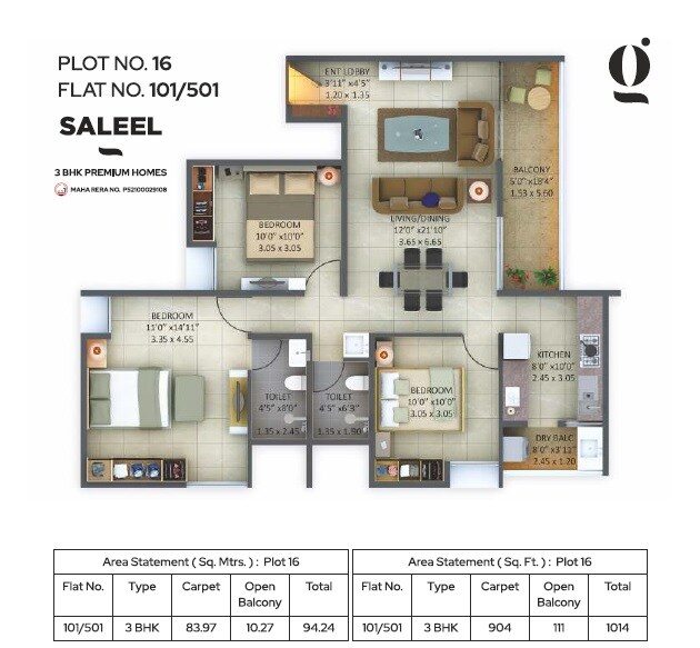 Floor plan of 3 BHK 904 Sq. Ft. Apartment in Gangotree Saleel, Pune