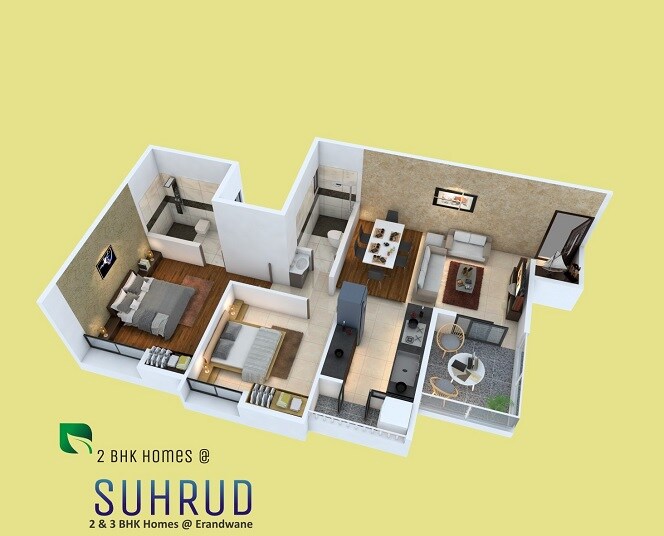Floor plan of 2 BHK 634 Sq. Ft. Apartment in Gangotree Suhrud, Pune
