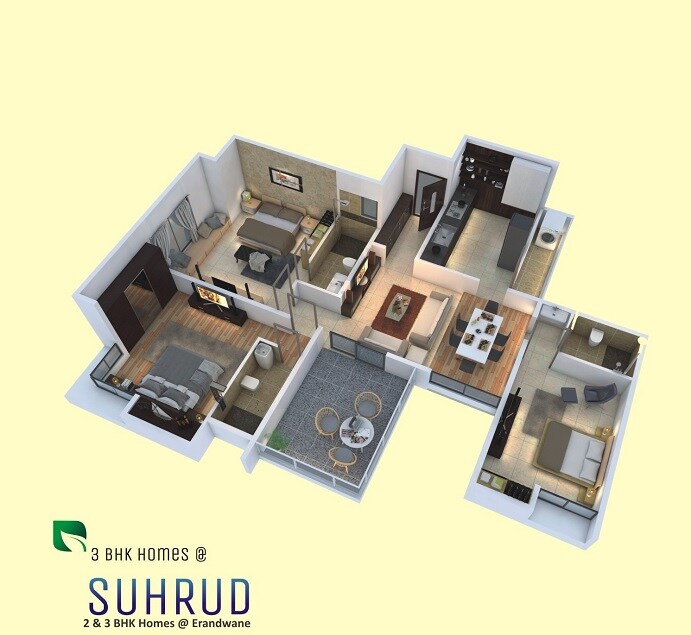 Floor plan of 3 BHK 1154 Sq. Ft. Apartment in Gangotree Suhrud, Pune