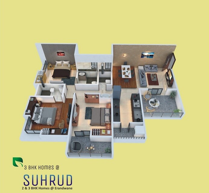 Floor plan of 3 BHK 929 Sq. Ft. Apartment in Gangotree Suhrud, Pune