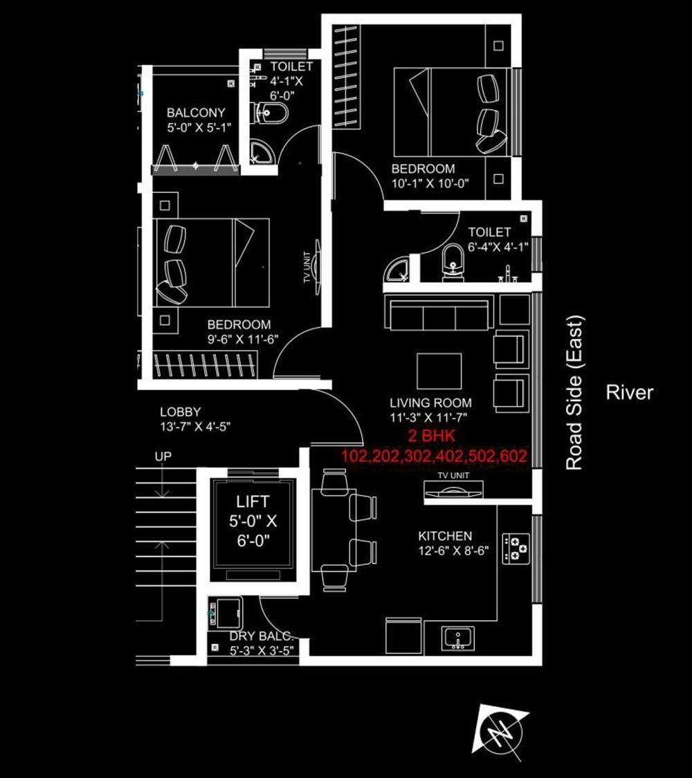 Floor plan of 2 BHK 601 Sq. Ft. Apartment in Ganraj Shreehari Residency, Pune