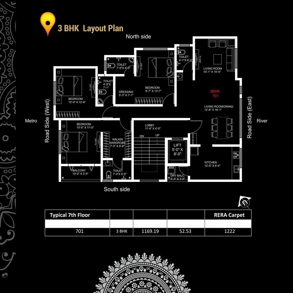 Floor plan of 3 BHK 1222 Sq. Ft. Apartment in Ganraj Shreehari Residency, Pune