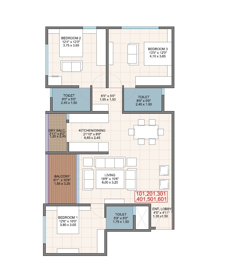 Floor plan of 3 BHK 1129 Sq. Ft. Apartment in Garood Queens Castle, Pune