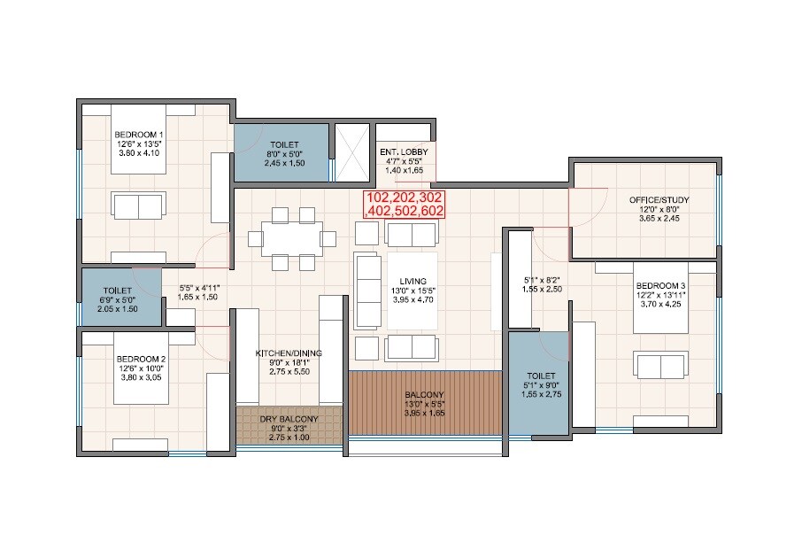 Floor plan of 3 BHK 1309 Sq. Ft. Apartment in Garood Queens Castle, Pune